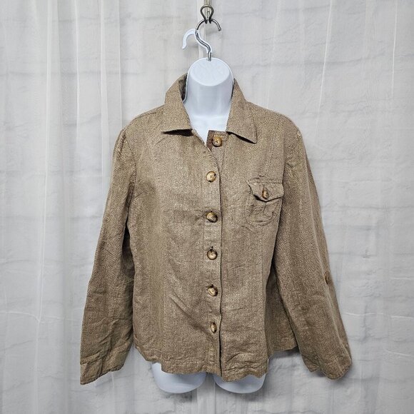 Vintage Coldwater Creek Tan Linen Blend Blouse Shacket Metallic Classic 16 - Picture 1 of 12